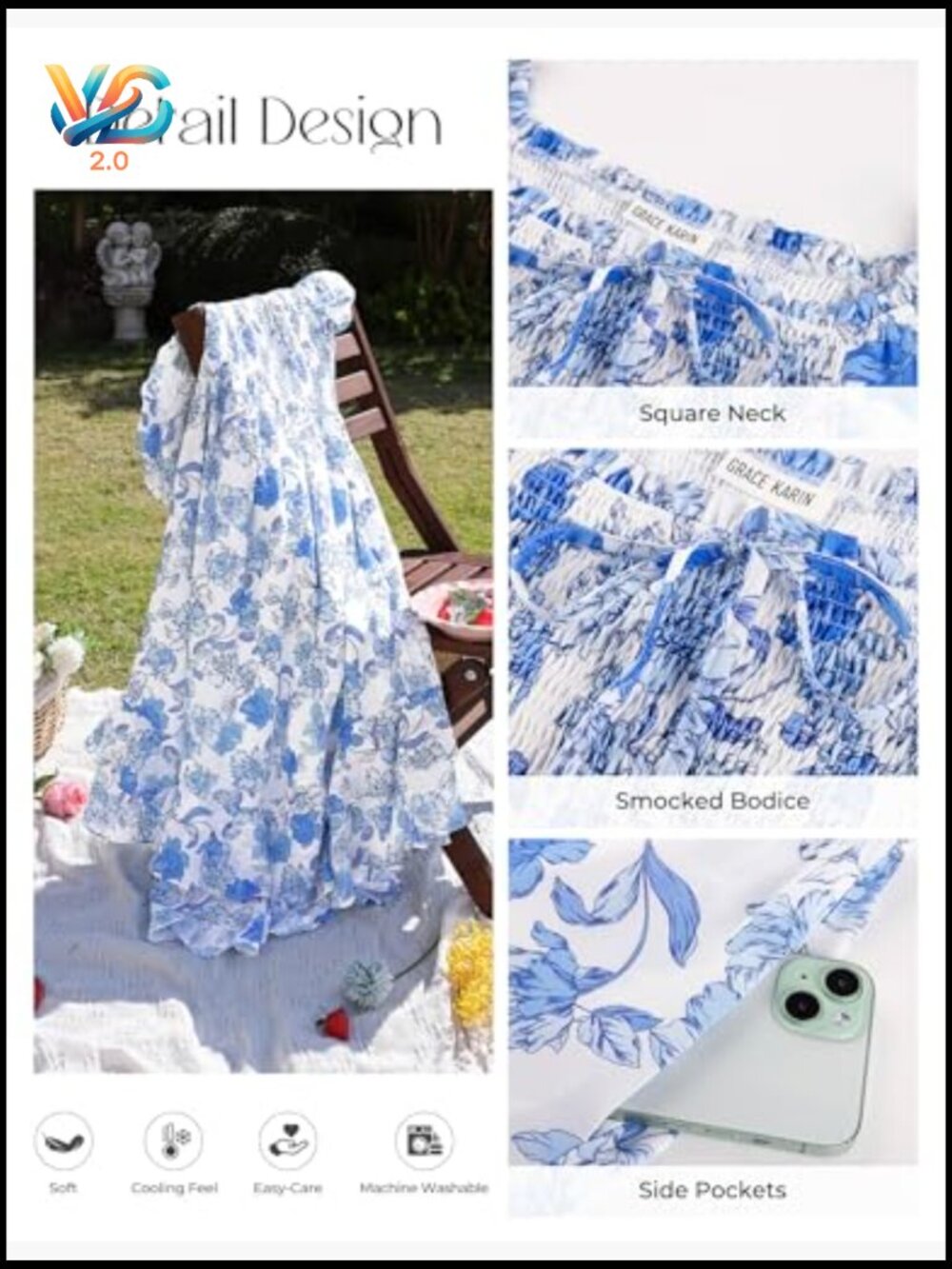 Flowy A-Line Maxi Dress with Pockets Square Neck Puff Sleeve - Picture 4 of 7